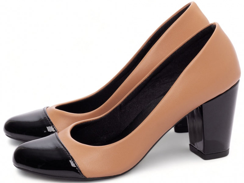 Sapato Scarpin Boneca Bico Redondo - Preto e Caramelo -